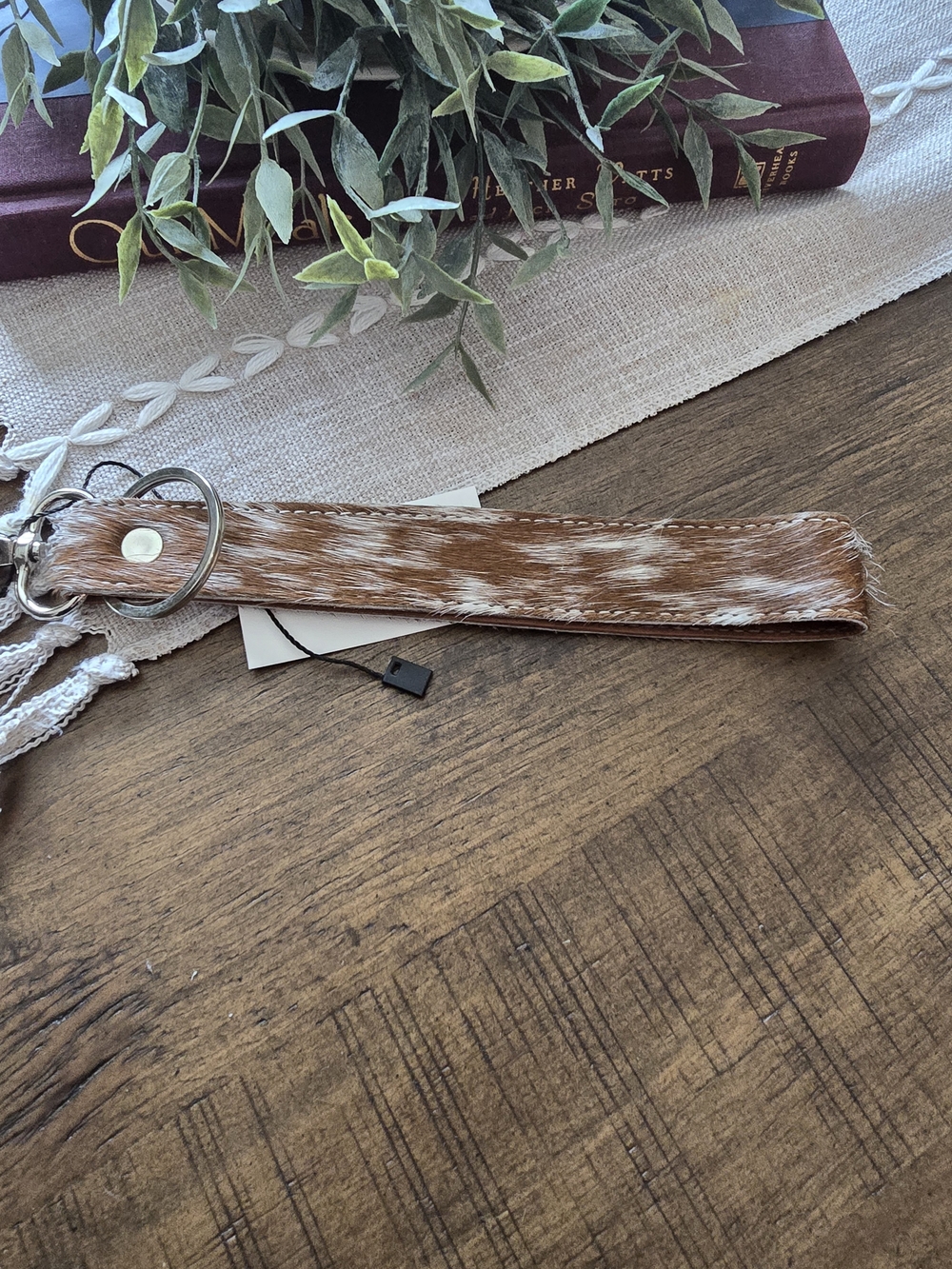 Genuine Leather and Real Cowhide Wristlet Key Fob - Brown/White